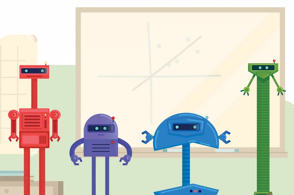 Four colorful robots stand in front of a whiteboard displaying a scatter plot with a trend line.