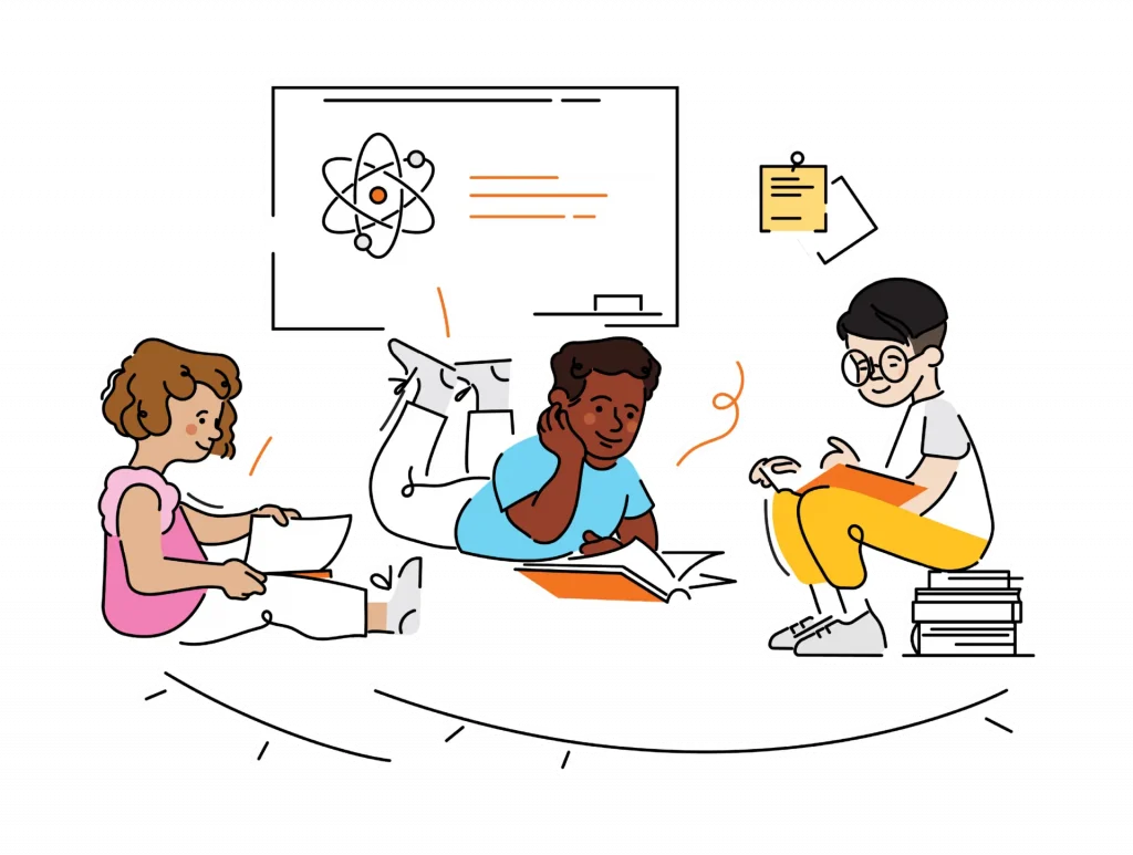 Three students study together with books and a laptop in front of a whiteboard displaying a science diagram and notes.