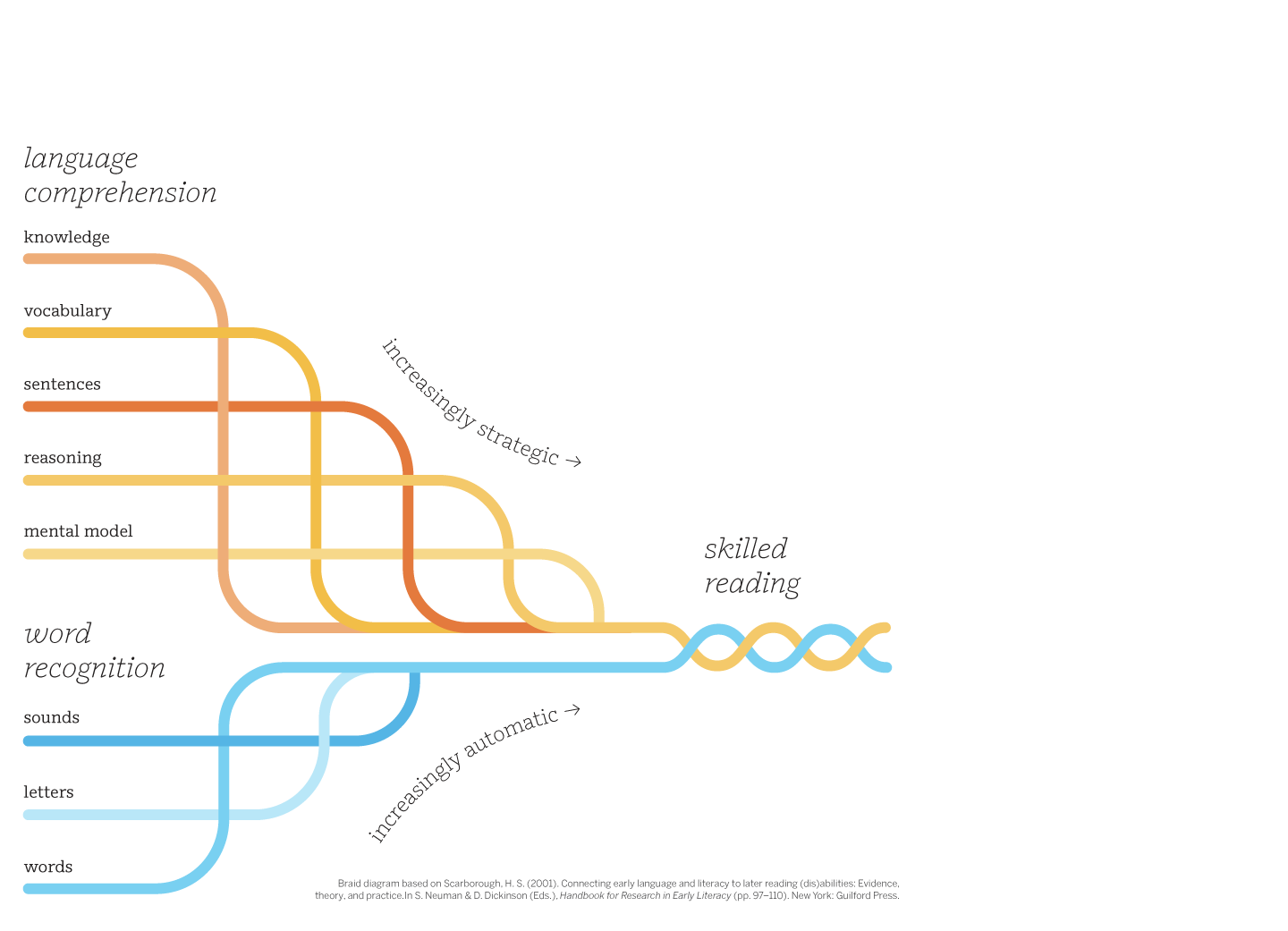 Diagram illustrating the Simple View of Reading, showing language comprehension and word recognition intertwining to achieve skilled reading.