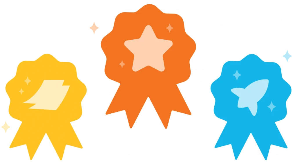 Three illustrated award ribbons: a yellow ribbon with a paper icon, an orange ribbon with a science of reading star, and a blue ribbon with a rocket symbol.