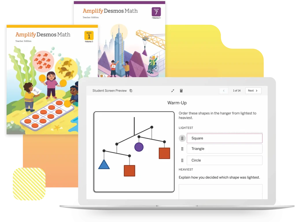 A laptop displays a math warm-up activity with shapes and a scale, in front of two Amplify Desmos Math teacher edition books for grades 1 and 7.
