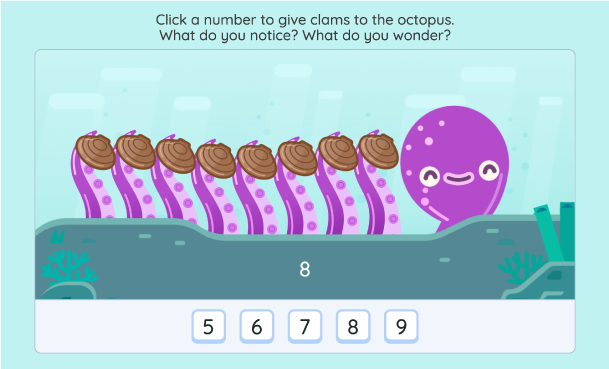 A purple octopus with eight tentacles, each holding a clam, is shown above a row of number buttons labeled 5, 6, 7, 8, and 9. The number 8 is highlighted.