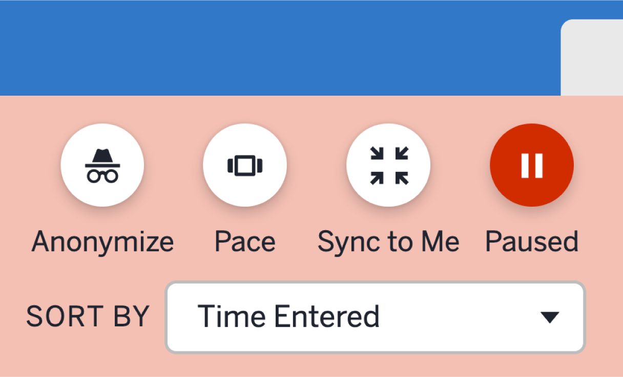 A user interface with four circular icons—Anonymize, Pace, Sync to Me, and Paused—above a dropdown menu labeled "Sort by Time Entered," designed as a free teaching platform for easy access to lesson plans.