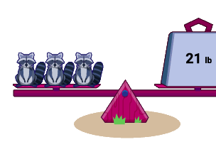 Three raccoons balance on one side of a seesaw, while a 21 lb weight balances the other side on a grassy surface.