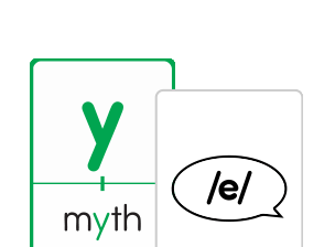A card with the letter "y" labeled as in "myth" next to a speech bubble card showing the phonetic symbol /e/.