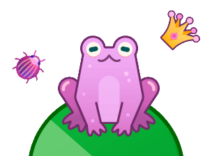 A cartoon purple frog sits on a green hill with a purple bug on the left and a yellow crown on the right, all on a bright green background.