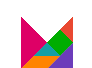 A square divided into seven colorful geometric shapes: two triangles, two parallelograms, one square, and two smaller triangles in green, red, purple, orange, teal, and magenta.
