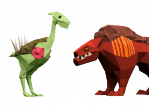 Two low-poly, fictional creatures face off: a green, bird-like animal with spikes and a red, bear-like beast with sharp teeth and orange markings—perfect for sparking imagination using free teaching resources.
