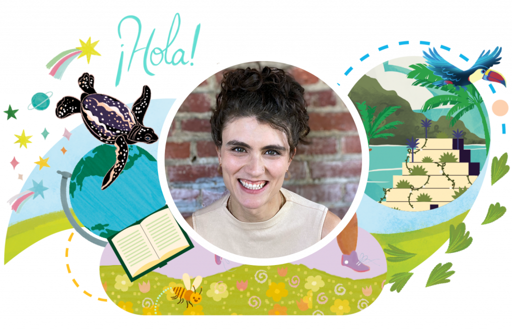 Woman smiling in front of a brick wall, surrounded by colorful illustrations of a turtle, toucan, book, and nature, with the word "¡Hola!" at the top left—celebrating technology in the math classroom and boosting the performance of students.