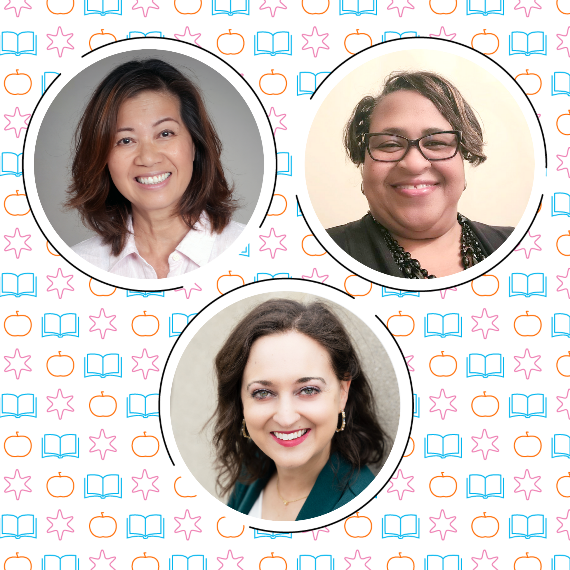 Three women smiling in individual portrait photos arranged in a triangle on a patterned background with books, apples, and stars.
