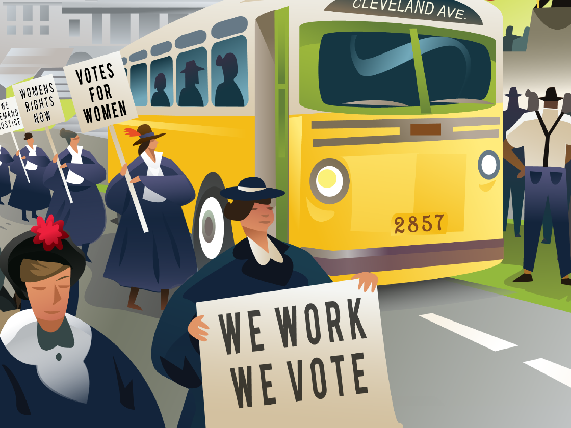 Women in early 20th-century clothing march with signs for voting rights and justice in front of a yellow bus labeled "Cleveland Ave.," making history that can inspire lessons in a K–2 language arts curriculum.