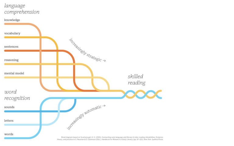 Diagram illustrating how language comprehension and word recognition components integrate to lead to skilled reading, as described in the Simple View of Reading model, aligned with the 3-5 CKLA curriculum and Amplify CKLA digital experience.