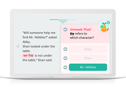 A laptop screen displays a reading comprehension exercise asking users to identify the character referred to by "He" in a short passage.