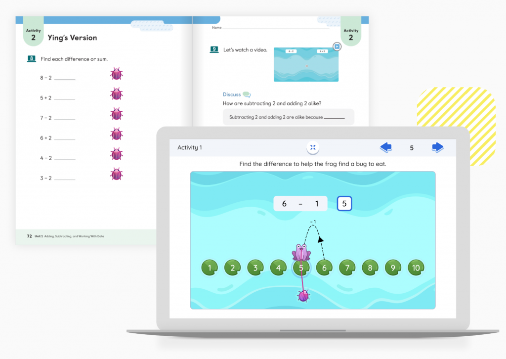 A laptop displays a math activity with a frog on a number line, while two printed math worksheets are shown in the background.