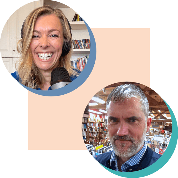 Two people appear in separate circular frames; the woman is smiling and wearing headphones, while the man stands in front of bookshelves, perhaps discussing Mathematizing Children’s Literature.
