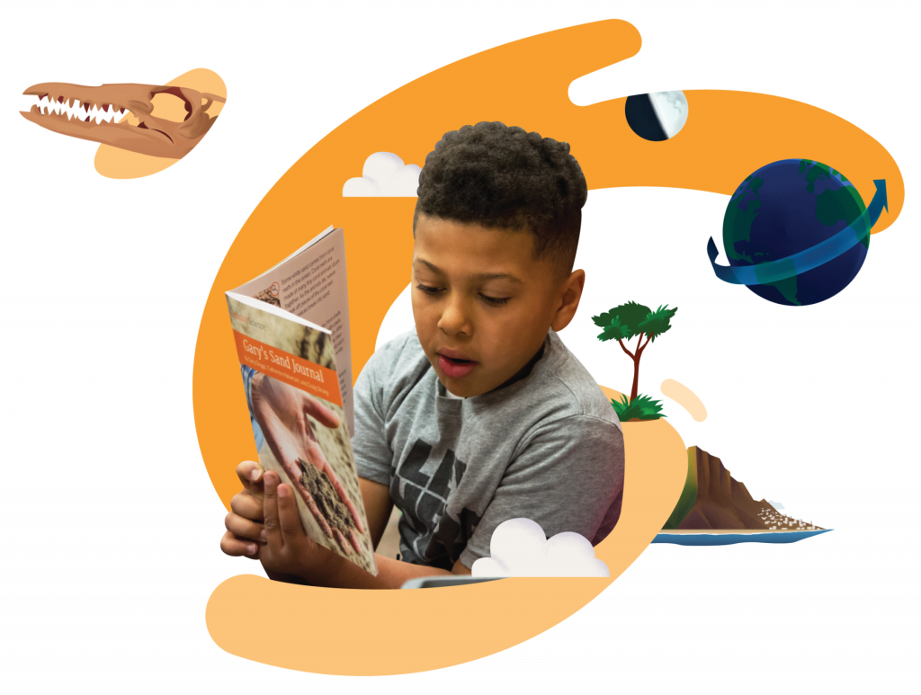 A child reads a book surrounded by illustrations of a dinosaur skull, globe, tree, rocks, and clouds.