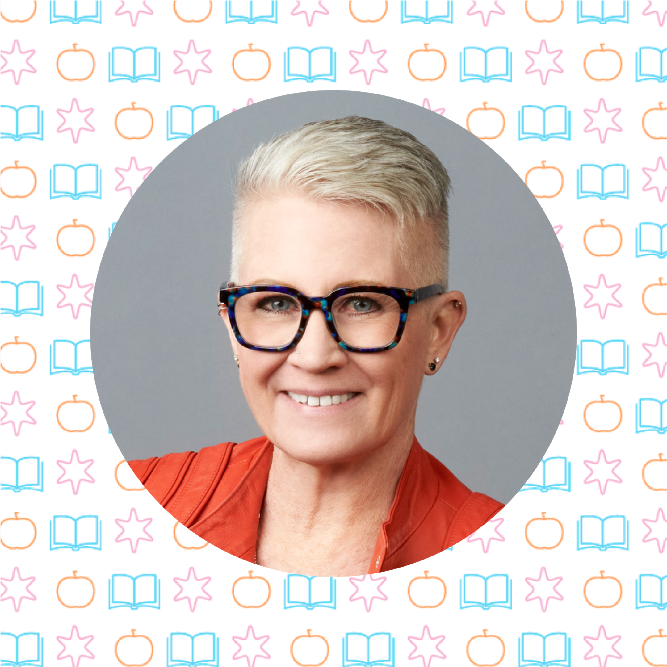 Portrait of a person with short blond hair, glasses, and an orange top, smiling in front of a patterned backdrop with books, apples, and stars—capturing the spirit of literacy education and the joy of academic language development.