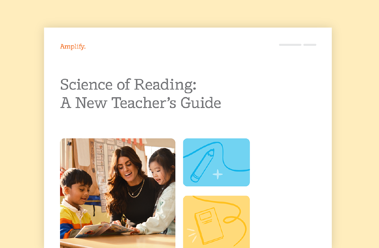 A teacher sits with two young students looking at a book; above them, the text reads "Science of Reading: A New Teacher’s Guide" with illustrated icons to the right.