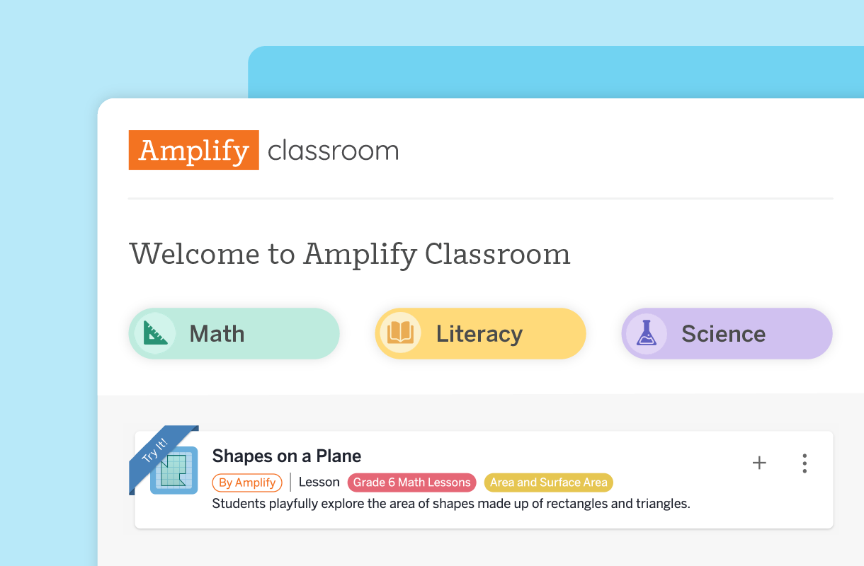 Screenshot of the Amplify Classroom interface showing buttons for Math, Literacy, and Science, with a lesson titled "Shapes on a Plane" listed under Math.