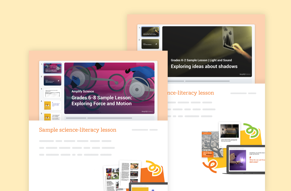 Two educational web pages are displayed, featuring sample science-literacy lessons with images, text, and colorful banners titled “Exploring Force and Motion” and “Exploring ideas about shadows.”.