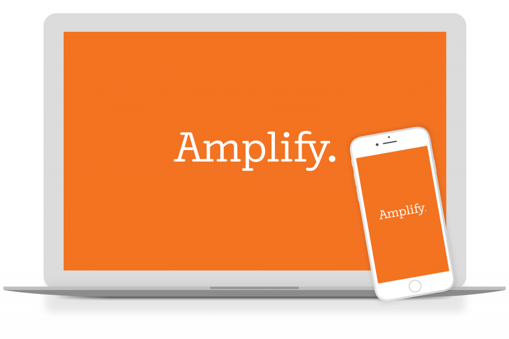 A laptop and a smartphone display an orange screen with the word "Amplify." in white text, highlighting tools that enhance student outcomes.