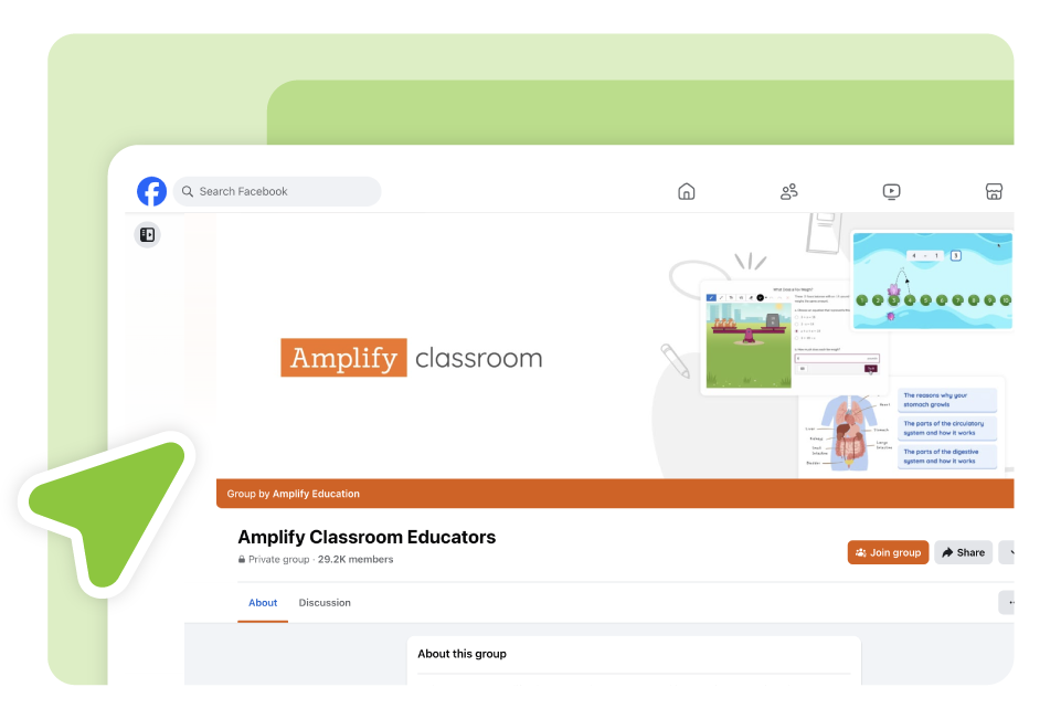 A Facebook group page titled "Amplify Classroom Educators" is displayed on a computer screen, showing join and share buttons—a dynamic learning community for innovative educators to connect teacher to teacher.