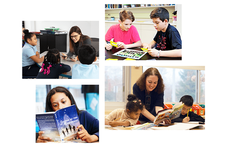 Four images show children reading and doing educational activities with teachers in classroom settings, utilizing a variety of teaching and learning resources.