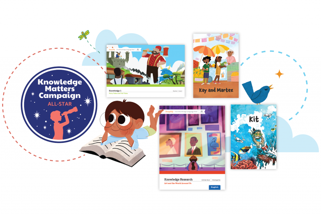 Ilustración que muestra una "campaña de alfabetización temprana" con niños participando en actividades educativas y de lectura en diferentes carteles.