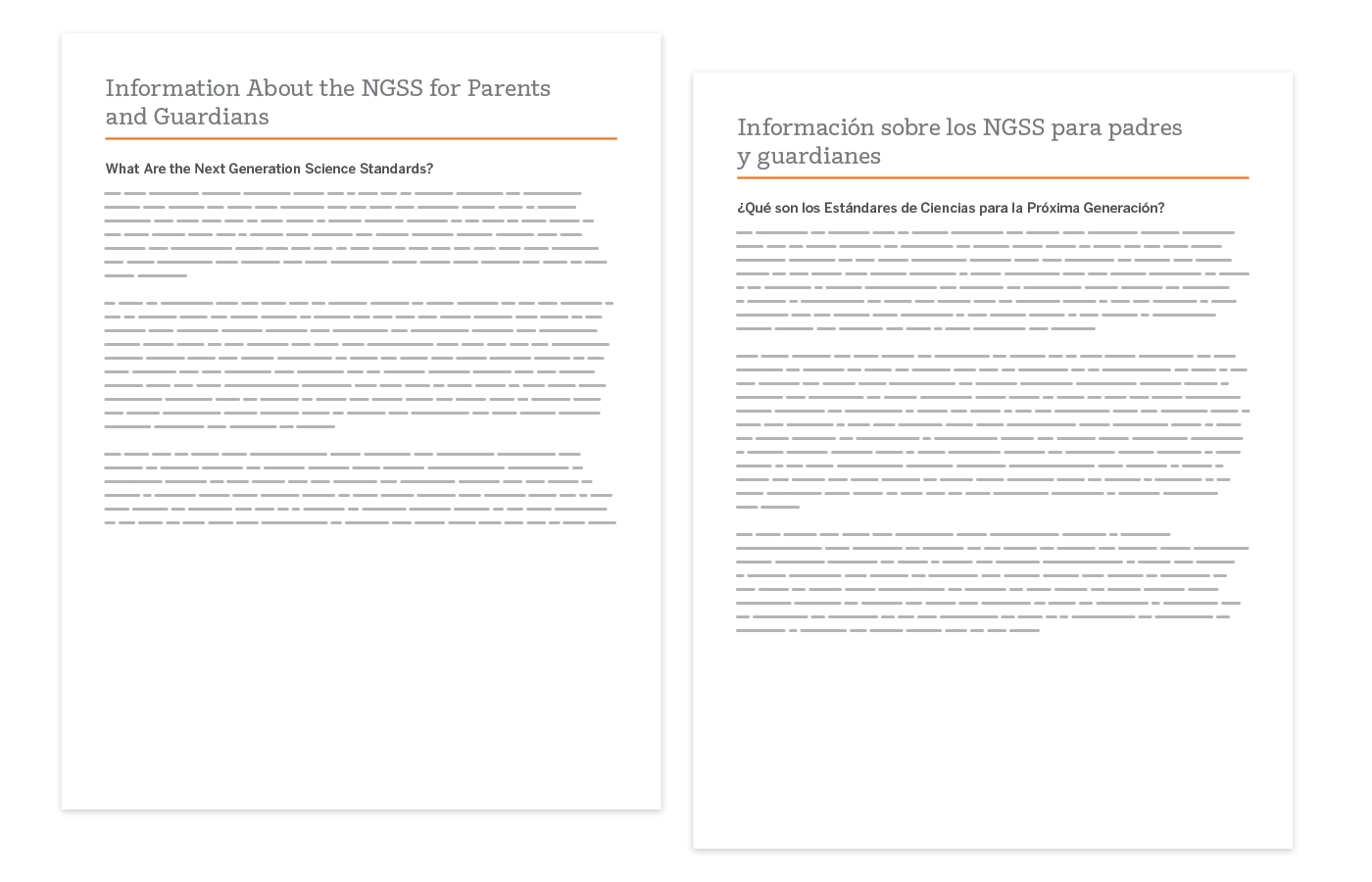 Two documents side by side contain similar information about the NGSS for parents and guardians, one in English and one in Spanish, each with a heading and body text.