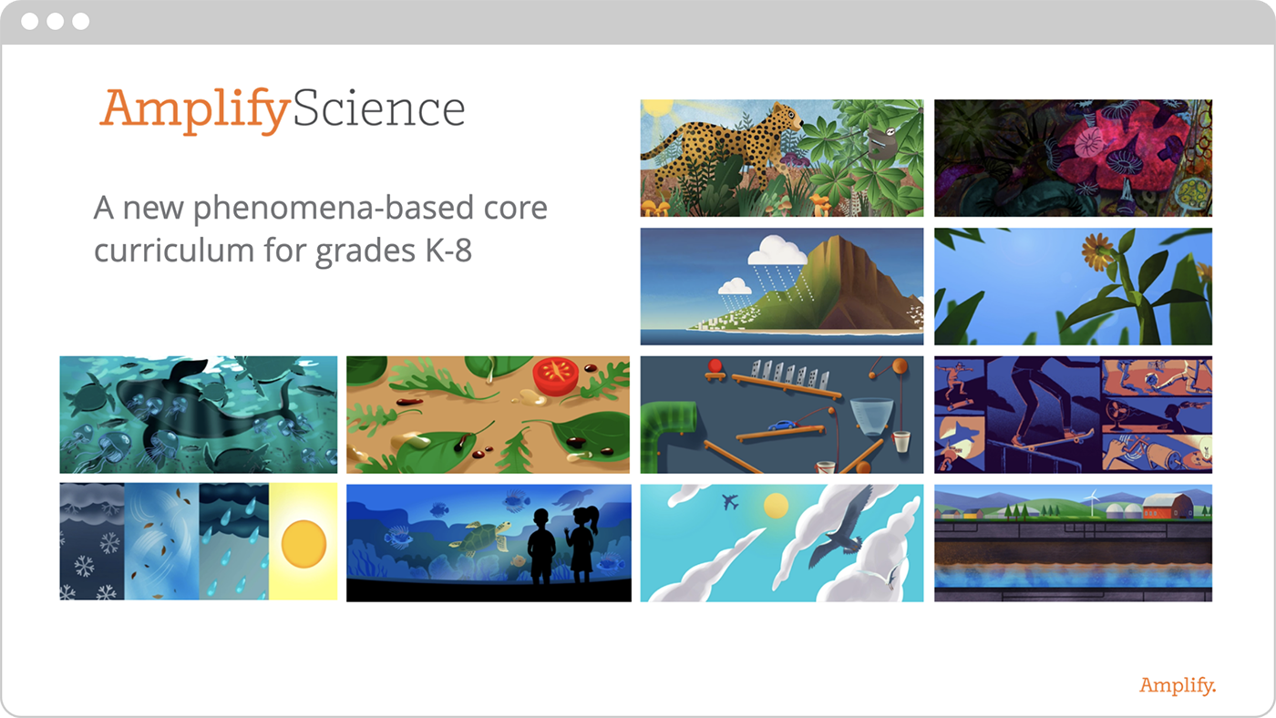 A webpage for Amplify Science displays a grid of colorful nature-themed illustrations and text promoting a core curriculum for grades K-8.