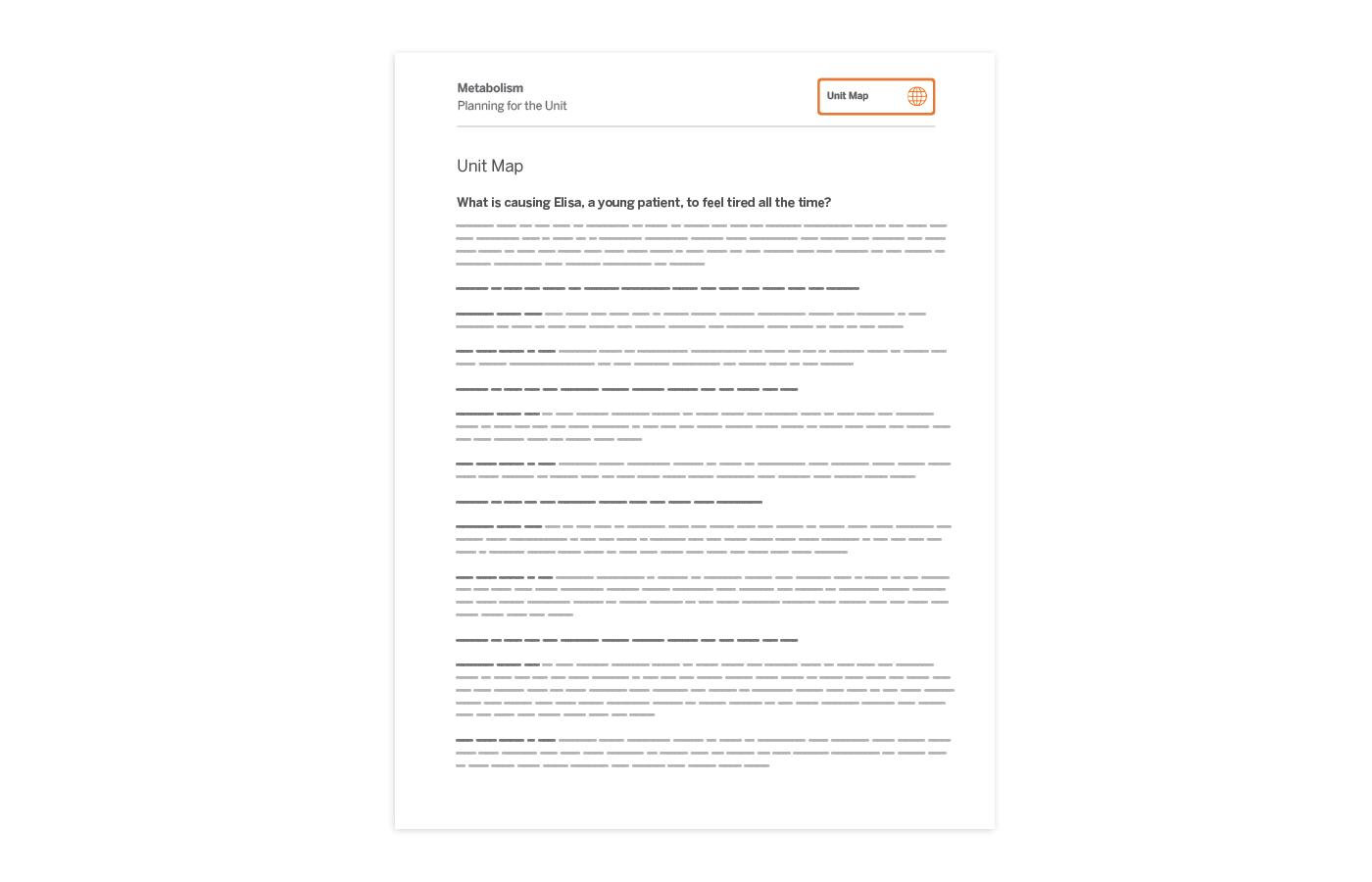 A digital document titled "Unit Map" with the heading "What is causing Elisa, a young patient, to feel tired all the time?" followed by several paragraphs of blurred text.