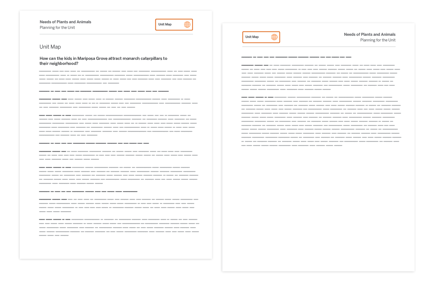 Two pages of a document titled "Needs of Plants and Animals: Planning for the Unit," featuring an "Unit Map" label and blocks of text in black on a white background.