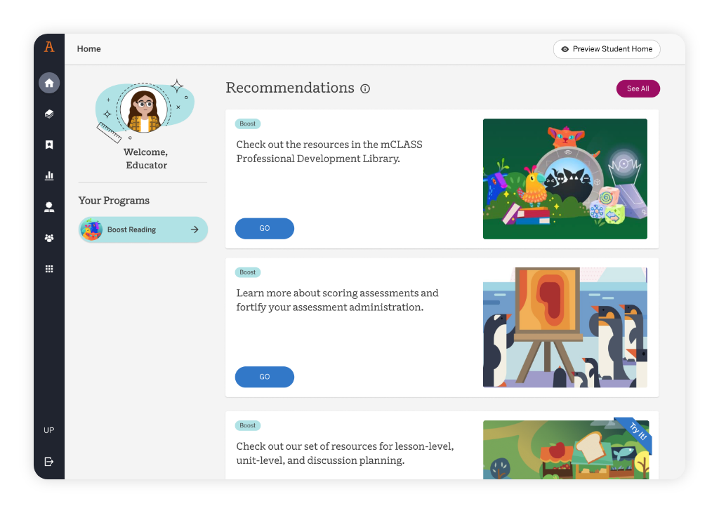 A web dashboard displays recommendations for an educator, including resources on professional development, assessment scoring, and lesson planning, with illustrated icons beside each recommendation.