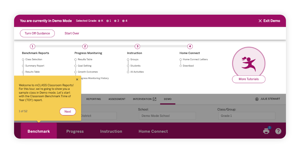 A demo mode dashboard for a classroom report tool, with a yellow pop-up instruction and highlighted "Benchmark" tab at the bottom.