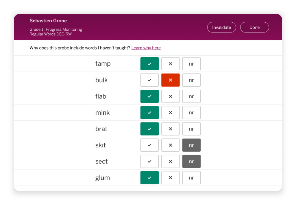 Progress monitoring interface showing a list of words with checkboxes for correct, incorrect, and not recorded responses for a student named Sebastien Grone.