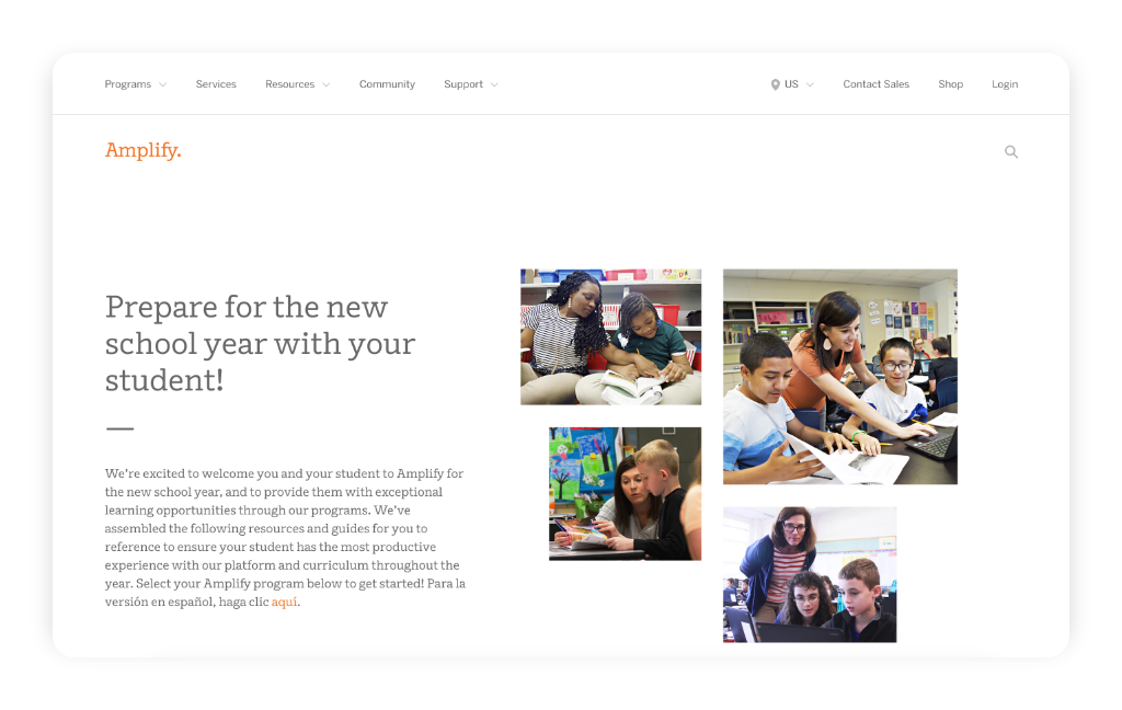 A webpage with the heading "Prepare for the new school year with your student!" and photos of diverse students and teachers working together in classroom settings.