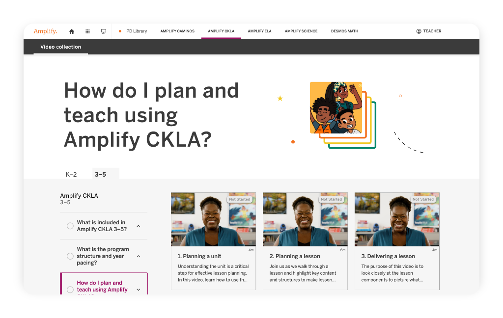 Screenshot of an educational website page titled "How do I plan and teach using Amplify CKLA?" with video guides and a cartoon image of children at the top right.