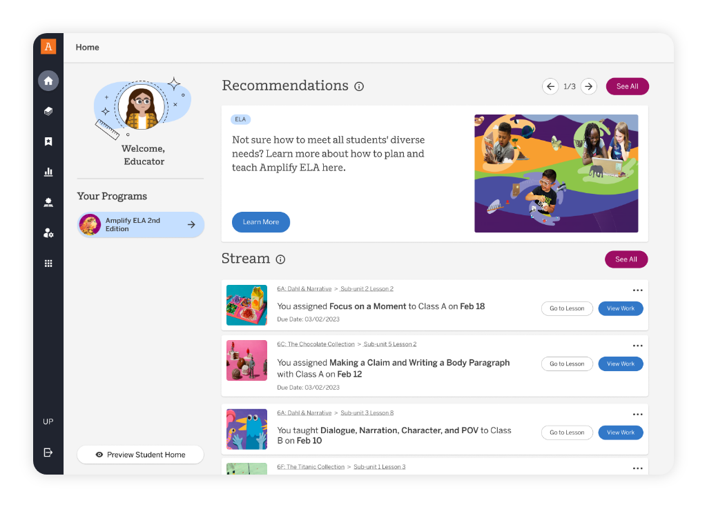 Screenshot of an educational dashboard showing recommendations and a stream of recent assignments, with navigation options on the left and an avatar labeled "Welcome, Educator" at the top.