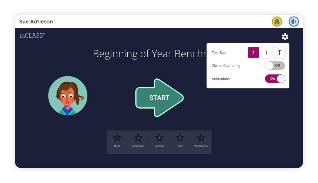 A digital assessment screen shows "Beginning of Year Benchmark" with a start button, a cartoon avatar, and a settings menu for text size, closed captioning, and animations.
