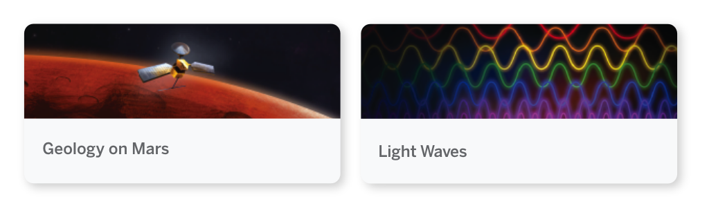 Split image: Left shows a satellite orbiting Mars labeled "Geology on Mars." Right shows colorful overlapping waves labeled "Light Waves.