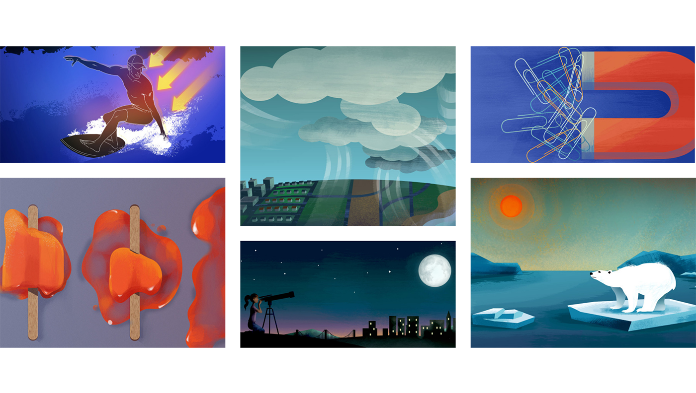 A collage of six illustrations: a snowboarder, abstract clouds, magnetic fields, melting popsicles, a stargazer with telescope, and a polar bear on ice under an orange sun.