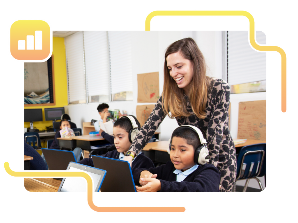 A teacher assists a student wearing headphones at a laptop in a classroom, using math resources for teachers, while other students work at their desks in the background.