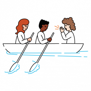 Three people are in a rowboat; two are rowing while the third faces them, appearing to give instructions or shout.