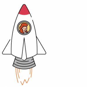 Illustration of a rocket ship with a red tip, gray fins, and orange flames, featuring a person with red hair visible through a window.