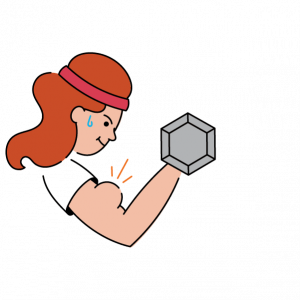 Illustration of a woman with red hair lifting a dumbbell, sweating and flexing her arm to show a muscle.