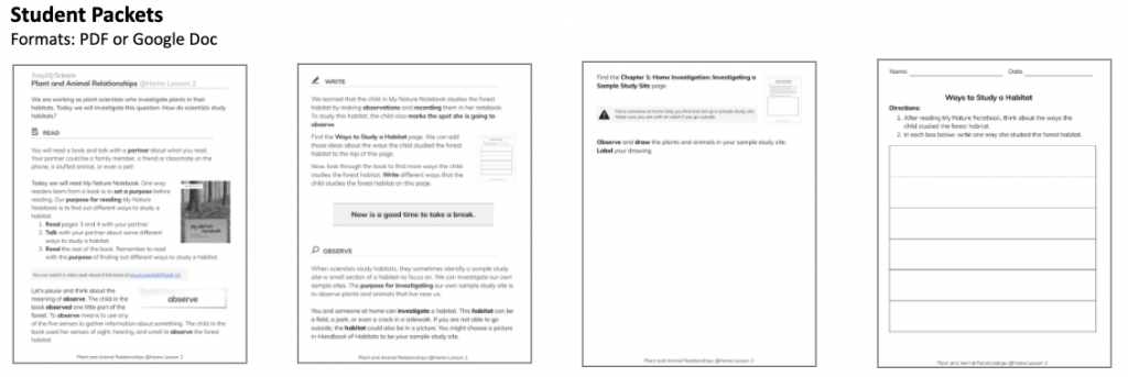 Four pages of a student packet are shown, including text, instructions, fill-in-the-blank sections, and worksheet areas for writing responses.