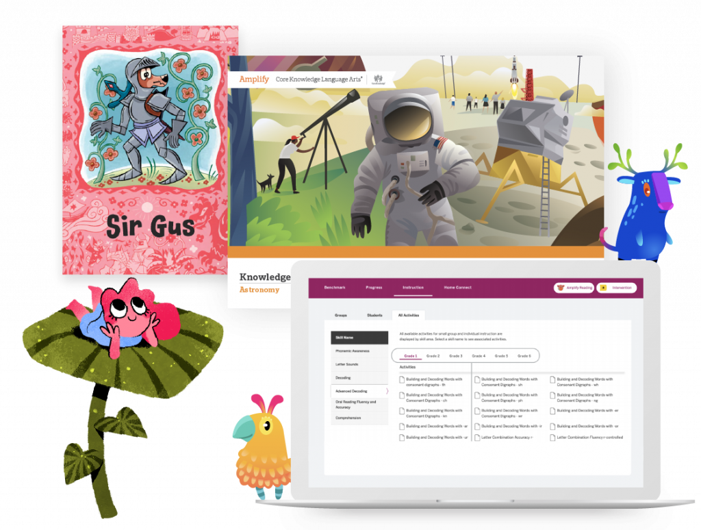 A collage featuring a children's book cover, an astronaut illustration, cartoon animals, and a laptop displaying an educational website.