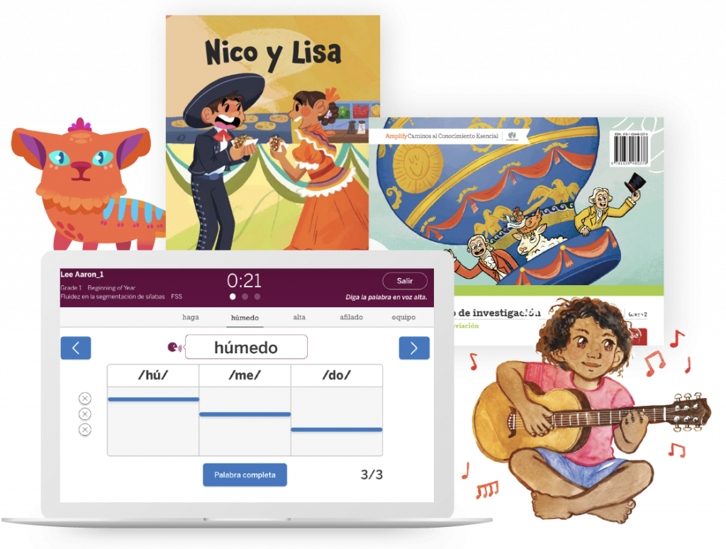 A collage showing children’s books, a drawing of a cat, a child playing guitar, and a laptop screen with a Spanish language learning activity.