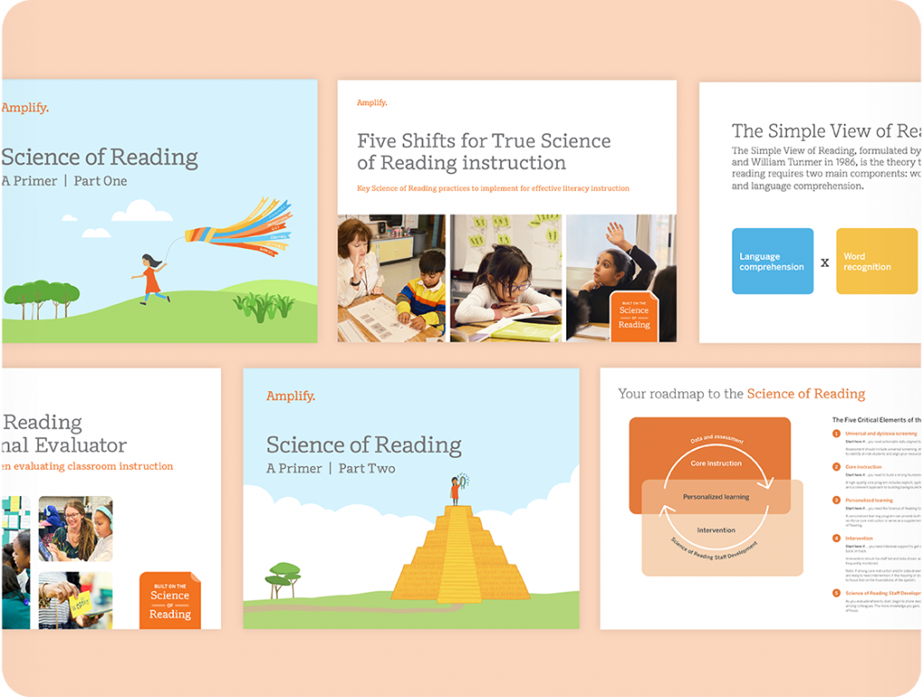 A collage of educational slides about the Science of Reading, featuring illustrations, text, charts, and photos of children and teachers in classroom settings.