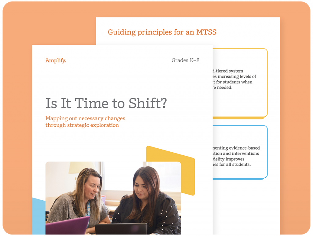 Two women sit at a table working on laptops. The visible documents are titled "Is It Time to Shift?" and "Guiding principles for an MTSS.